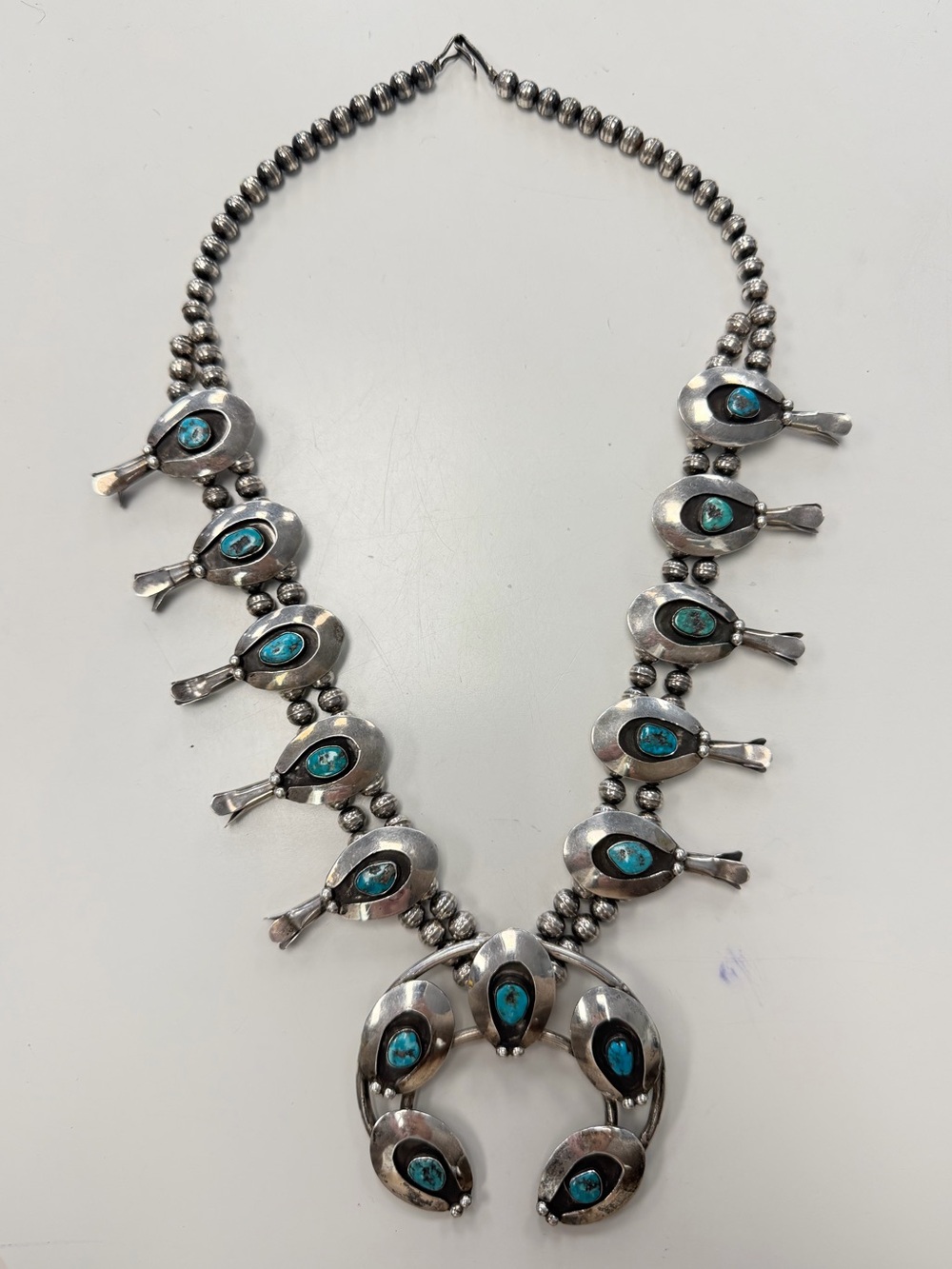 Vintage Najavo Turquoise & Sterling Silver Squash Blossom Necklace